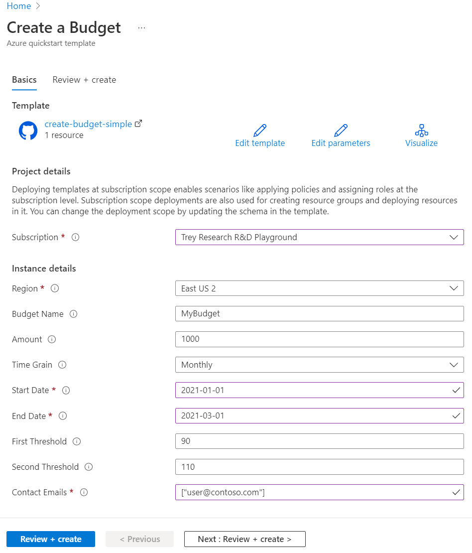 Modelo do Resource Manager, Criar orçamento sem um filtro, implantar portal.