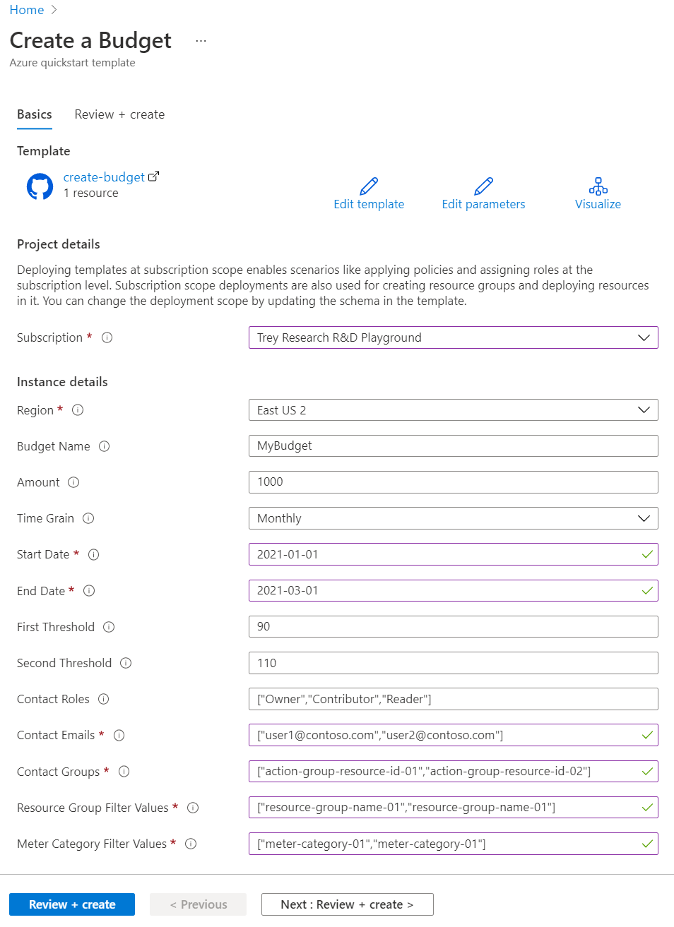 Captura de tela mostrando o modelo do Resource Manager, Criar orçamento com dois filtros, implantar o portal.