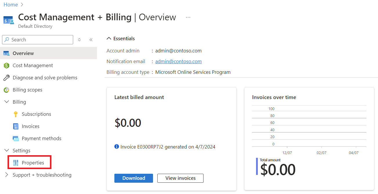 Screenshot that shows MOSP billing account properties