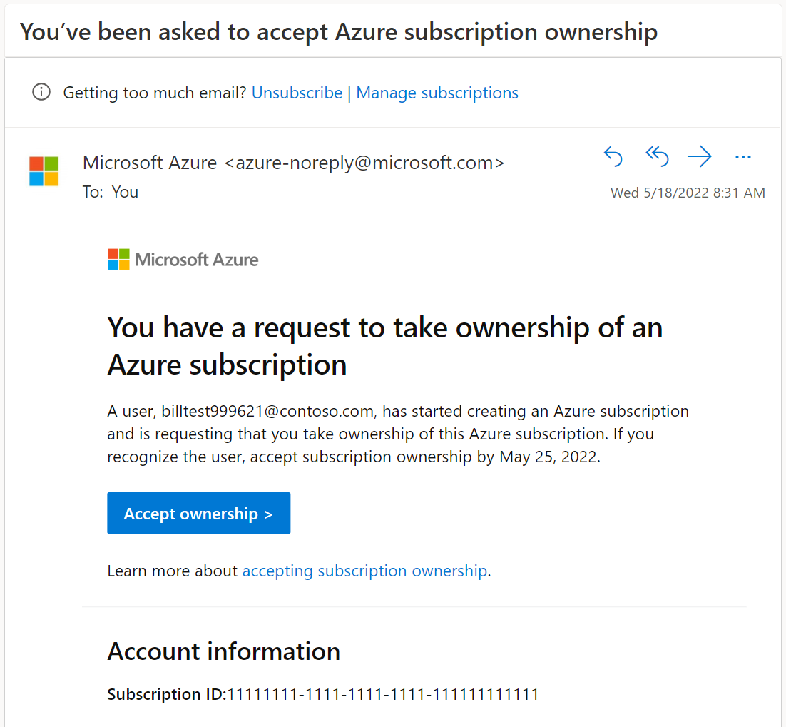 Captura de tela mostrando o email com o link Aceitar Propriedade.
