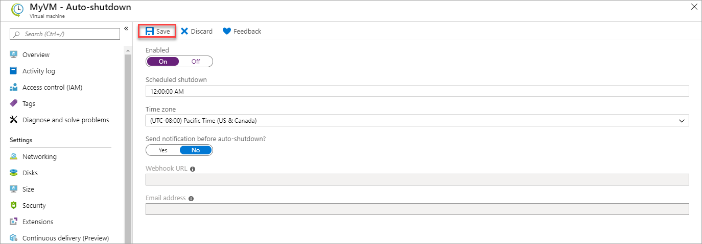 Captura de tela da opção de desligamento automático no portal do Azure.
