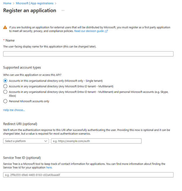 exibição de criação de registro de aplicativo