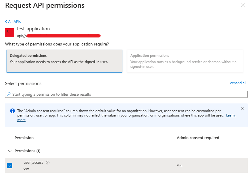 menu Solicitar permissões de API