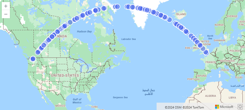 Captura de tela do LineString de Seattle para Londres.