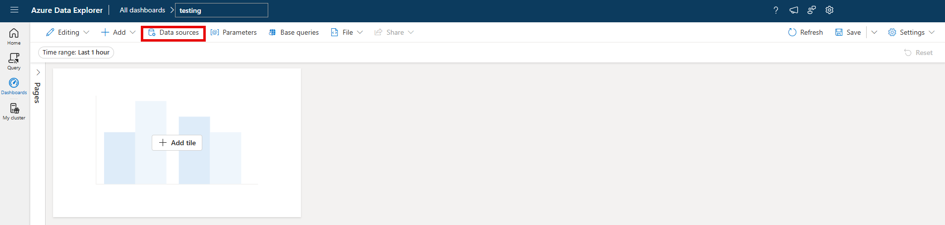 Captura de tela do acréscimo de uma fonte de dados por meio do menu Mais.