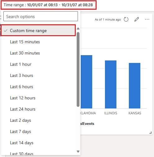 Captura de tela mostrando como filtrar usando o intervalo de tempo personalizado.
