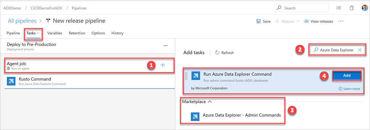 Captura de tela mostrando como adicionar um comando de administrador do Azure Data Explorer.