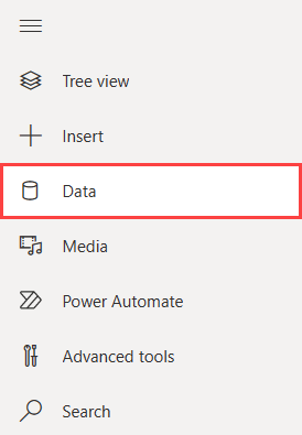 Captura de tela do menu de navegação na nova página do aplicativo. A opção de menu intitulada Dados está realçada.