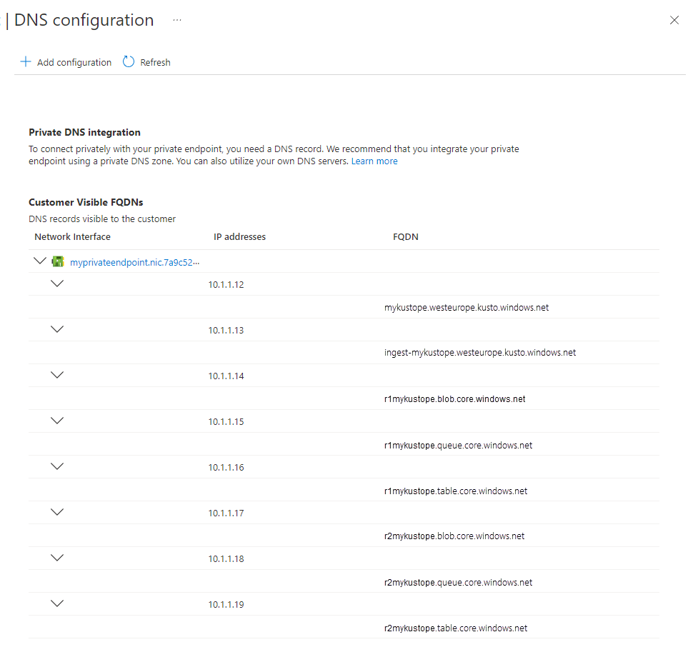 Captura de tela da página de configuração de DNS, mostrando a configuração de DNS do ponto de extremidade privado.