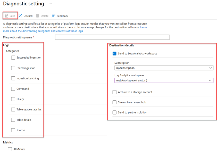 Captura de tela da tela Configurações de diagnóstico, na qual você configura quais dados de monitoramento coletar para o cluster Data Explorer do Azure.