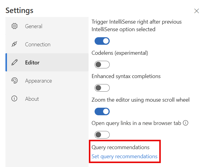 Captura de tela da opção de menu de configuração para definir as recomendações de consulta.