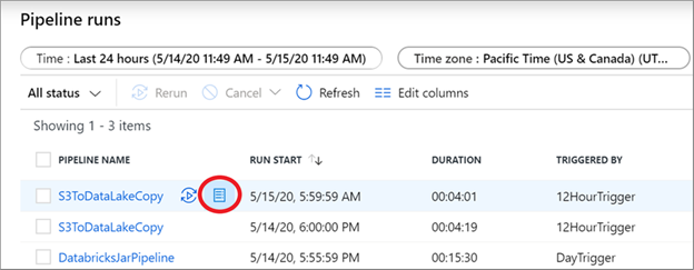 Screenshot of the pipeline monitoring screen highlighting the consumption report button.