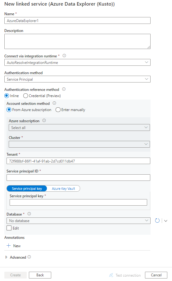 Captura de tela da configuração do serviço vinculado ao Azure Data Explorer.