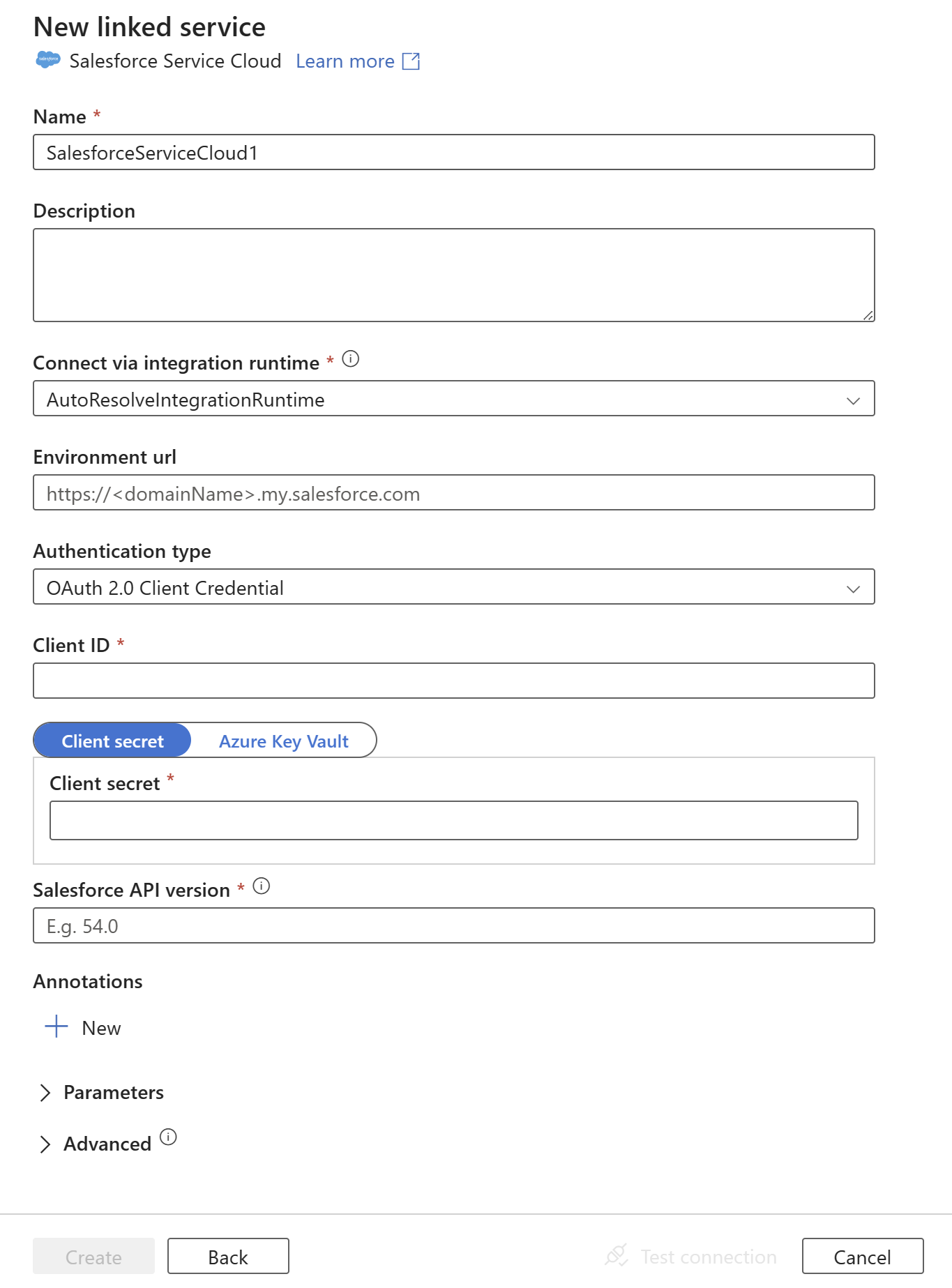 Captura de tela da configuração de serviço vinculado para o Salesforce Service Cloud.