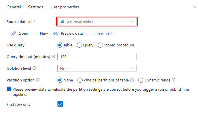 Mostra as opções de configuração na atividade de Pesquisa para um conjunto de dados de tabela do SQL do Azure.