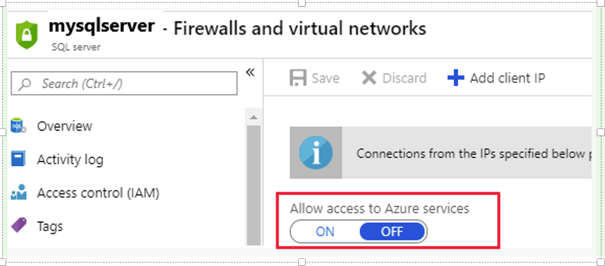 Captura de tela que mostra como permitir o acesso ao serviço do Azure nas configurações de firewall.