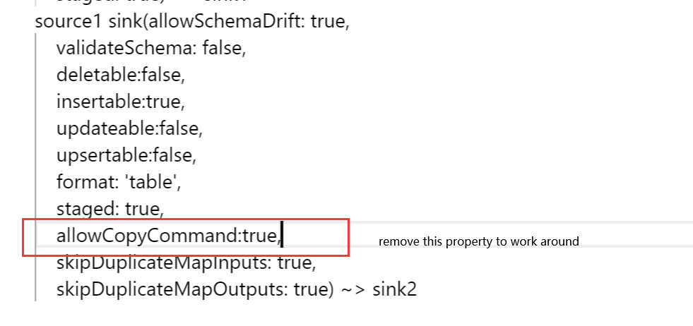 Captura de tela que mostra como remover 'allowcopycommand: true'.
