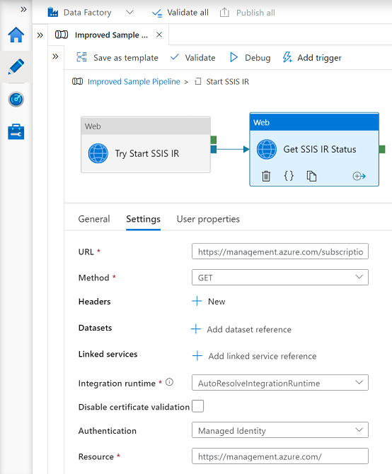 Screenshot that shows settings for Get SSIS IR Status web activities.