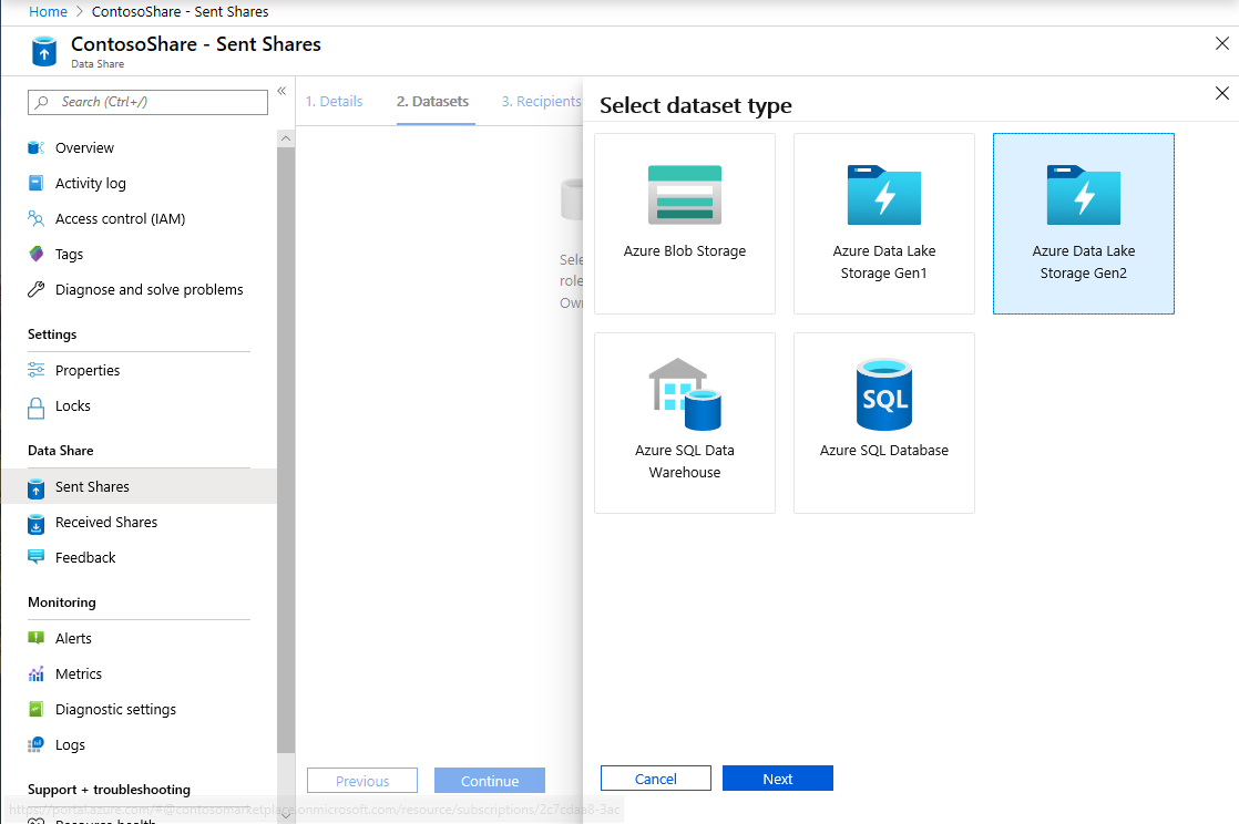 Captura de tela do portal do Azure para adicionar um conjunto de dados do ADLS Gen2.