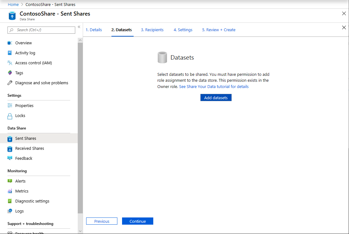 Captura de tela do portal do Azure do botão Adicionar conjunto de dados no Compartilhamento de Dados em Compartilhamentos Enviados.