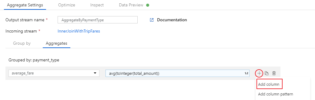 Captura de tela do portal do Azure do botão adicionar coluna nas configurações de agregação agrupadas por opção.