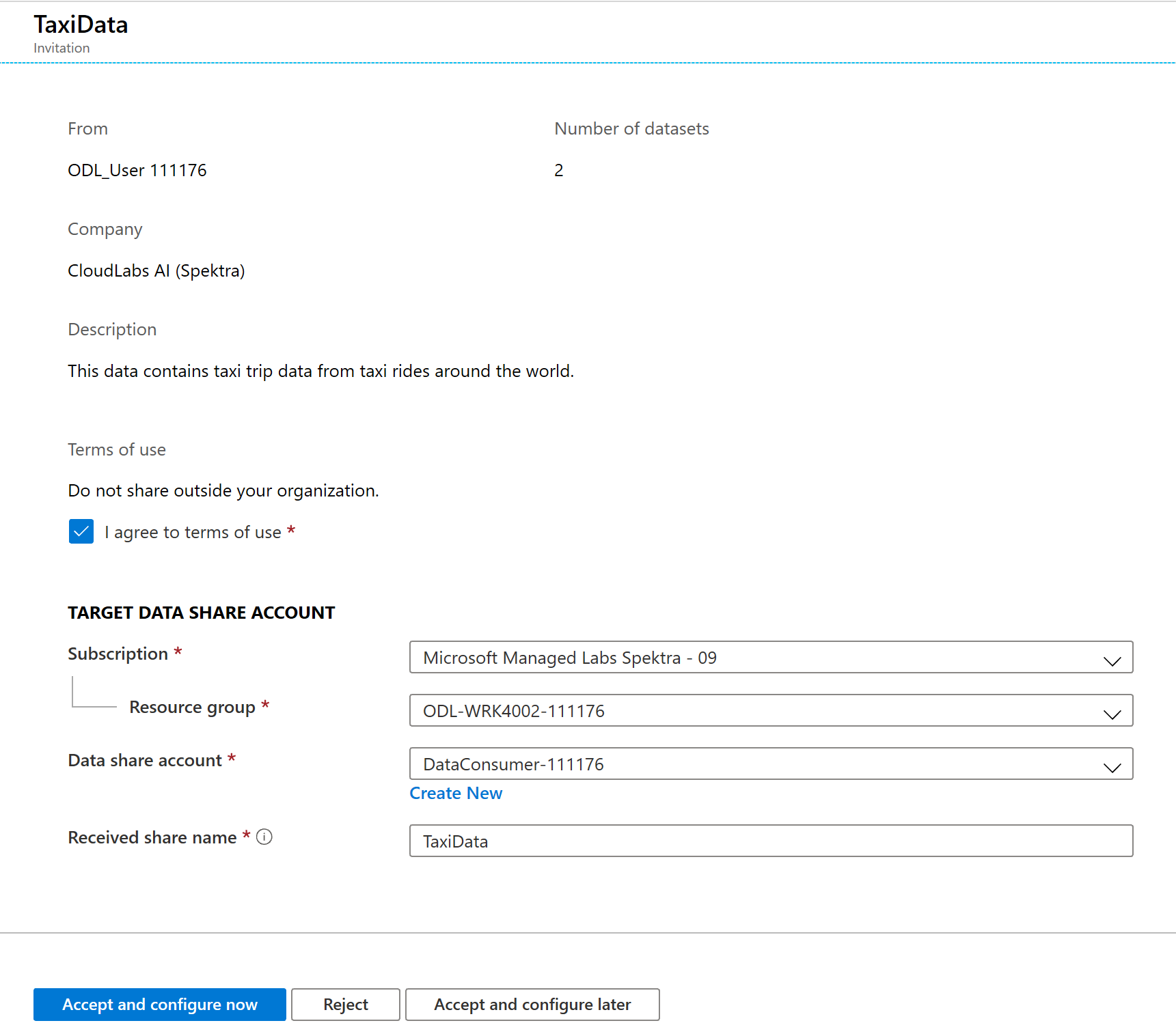 Captura de tela do portal do Azure da página para aceitar e configurar um compartilhamento de dados.