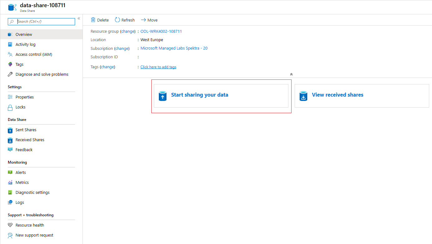 Captura de tela do portal do Azure do botão iniciar o compartilhamento de dados.