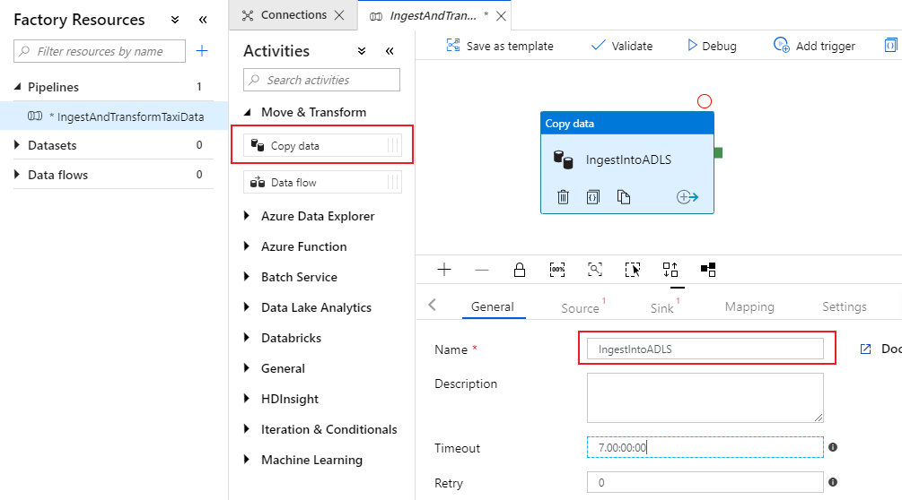 Captura de tela do portal do Azure para adicionar uma etapa de cópia de dados.