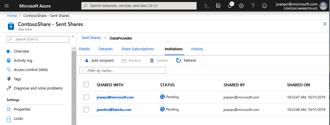 Captura de tela do portal do Azure de convites pendentes.