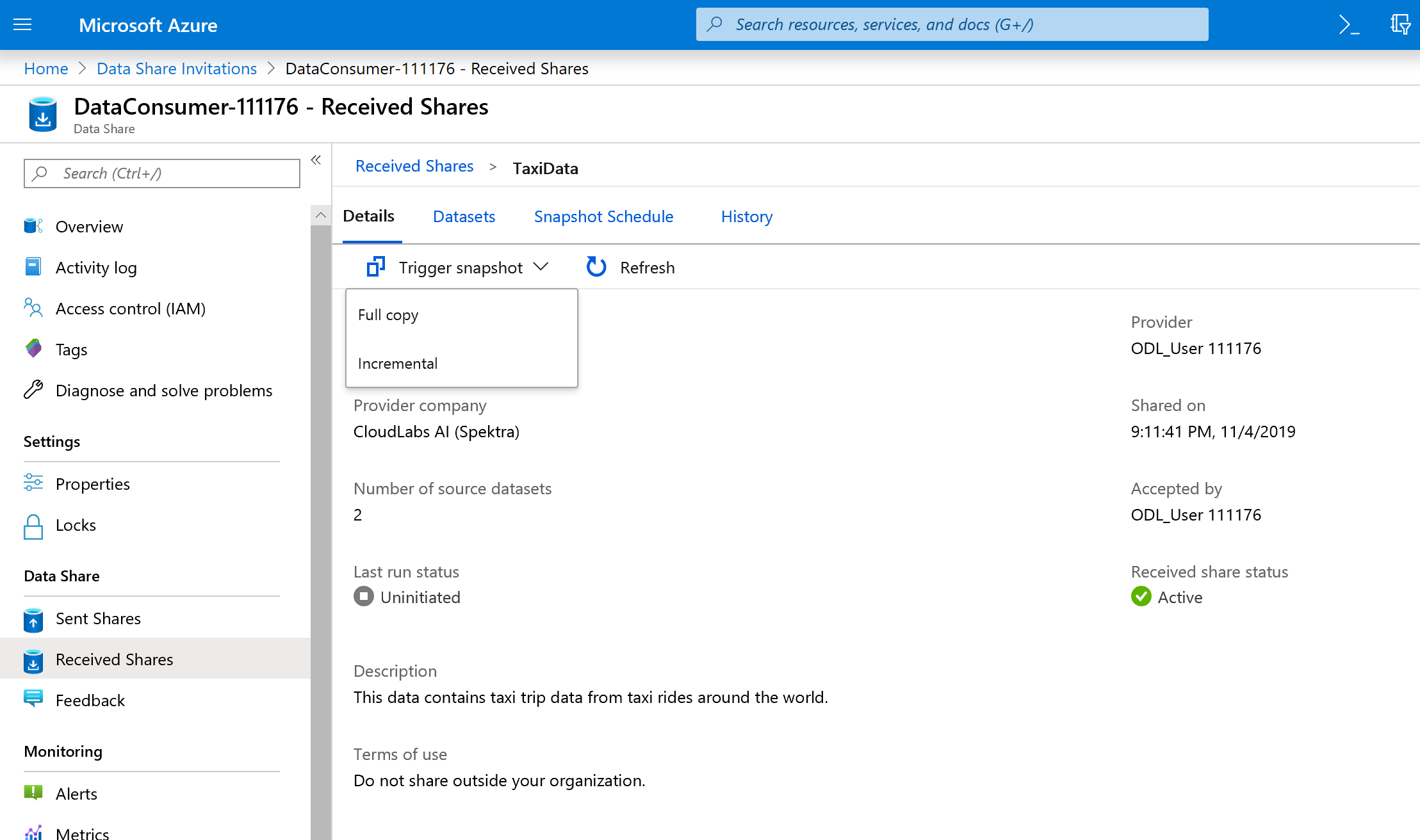 Captura de tela do portal do Azure do instantâneo de gatilho, opção de cópia completa.