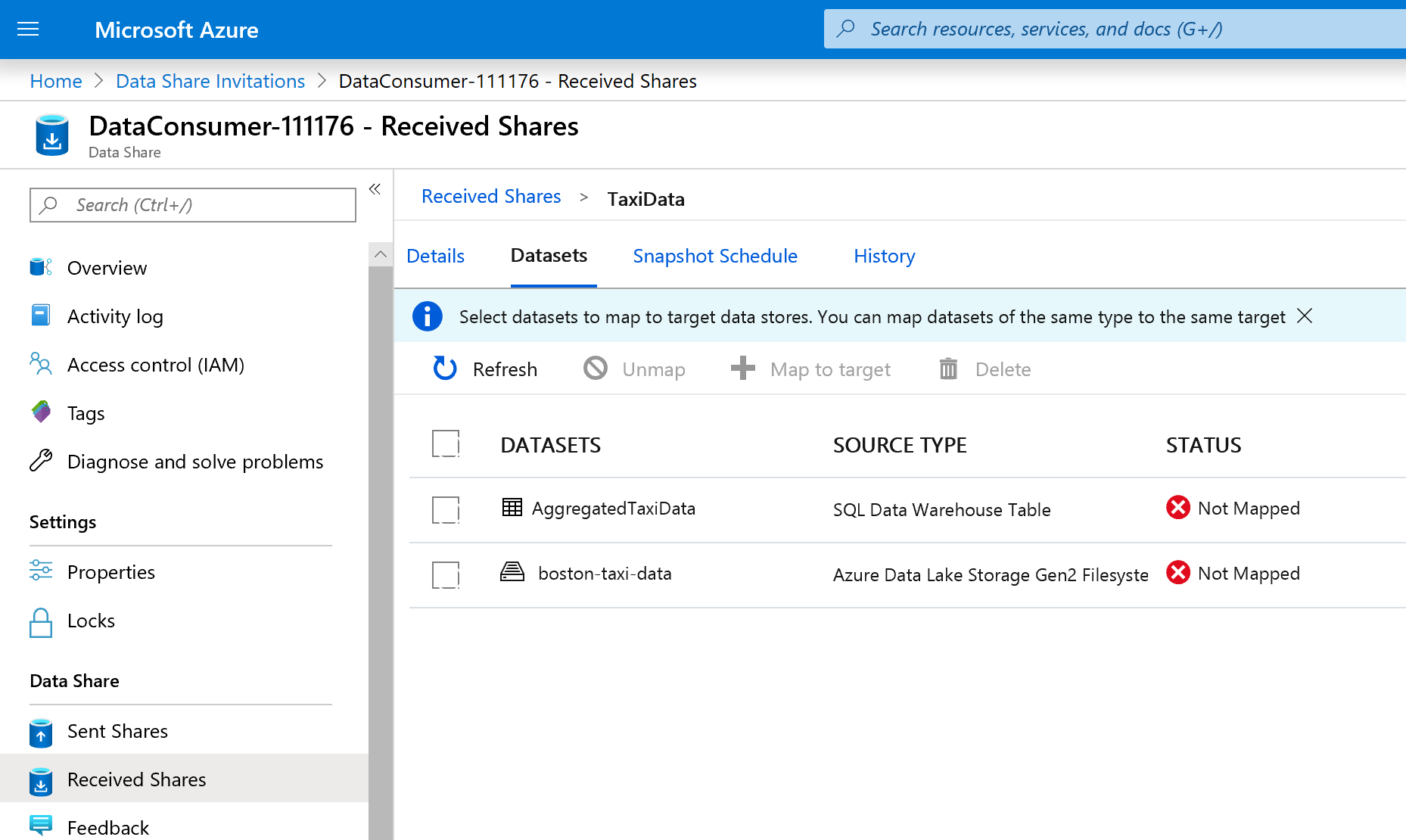 Captura de tela do portal do Azure de conjuntos de dados não mapeados.