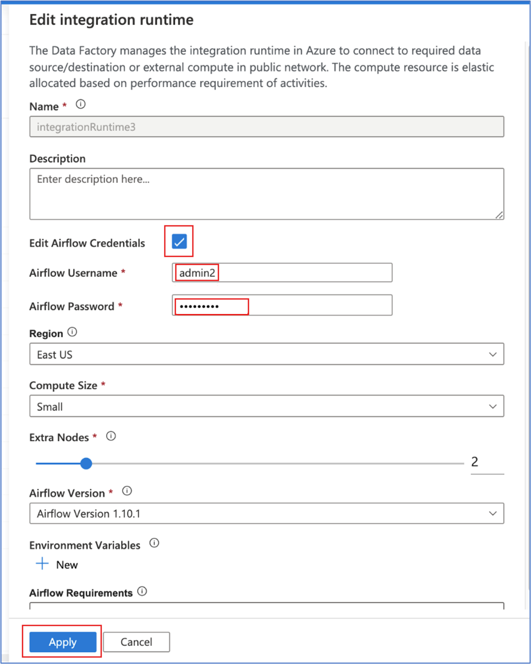 Captura de tela mostrando como alterar uma senha do Airflow nas configurações de runtime de integração.