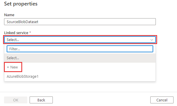 Shows a screenshot of the "Set properties" window for the dataset, with the "+New" button highlighted under the "Linked service" dropdown.**