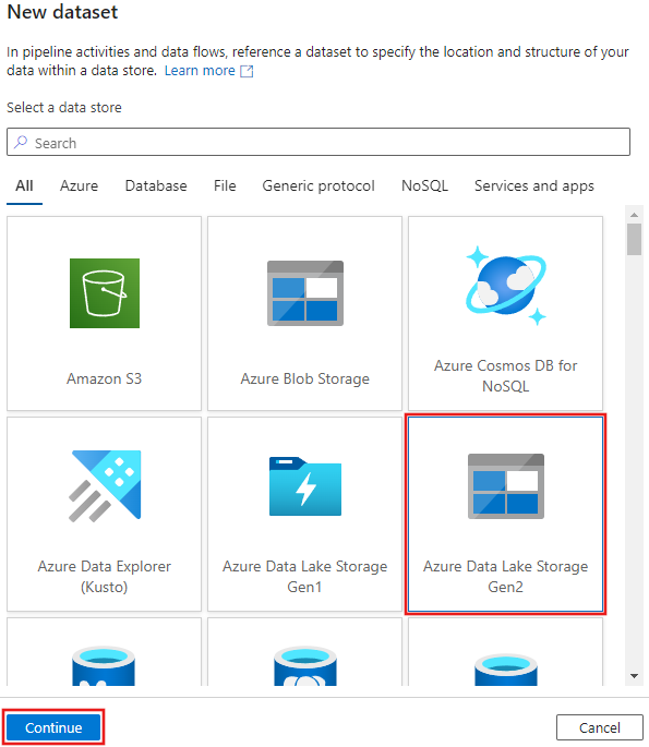 Captura de tela mostrando onde selecionar Azure Data Lake Storage Gen2 na janela Novo conjunto de dados.