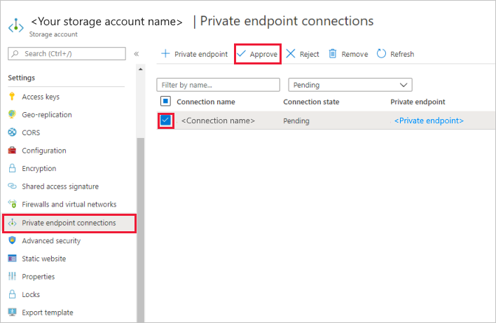Screenshot that shows the private endpoint Approve button.