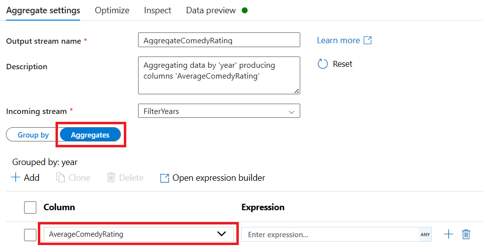 Captura de tela que mostra a opção de ano na guia Agregar, em Configurações de agregação.