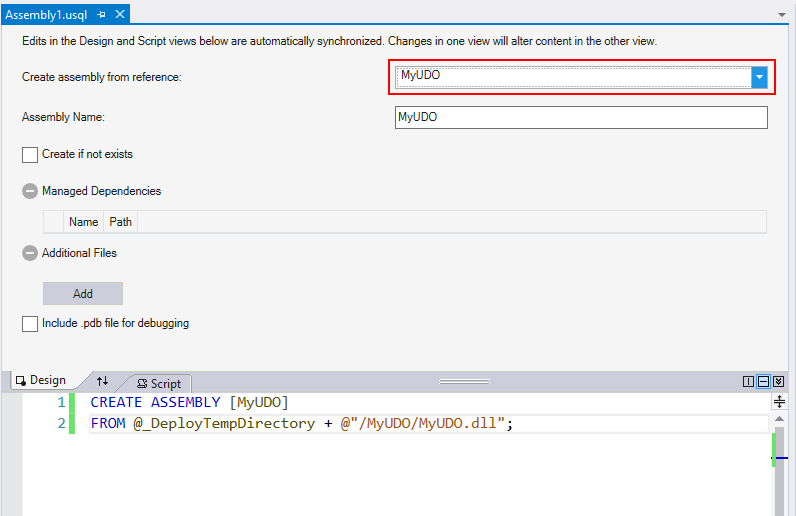Ferramentas do Data Lake para Visual Studio criam assembly a partir da referência