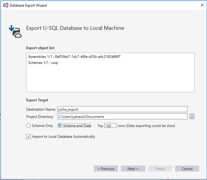 Assistente de exportação de banco de dados - lista de objetos para exportação e outras configurações
