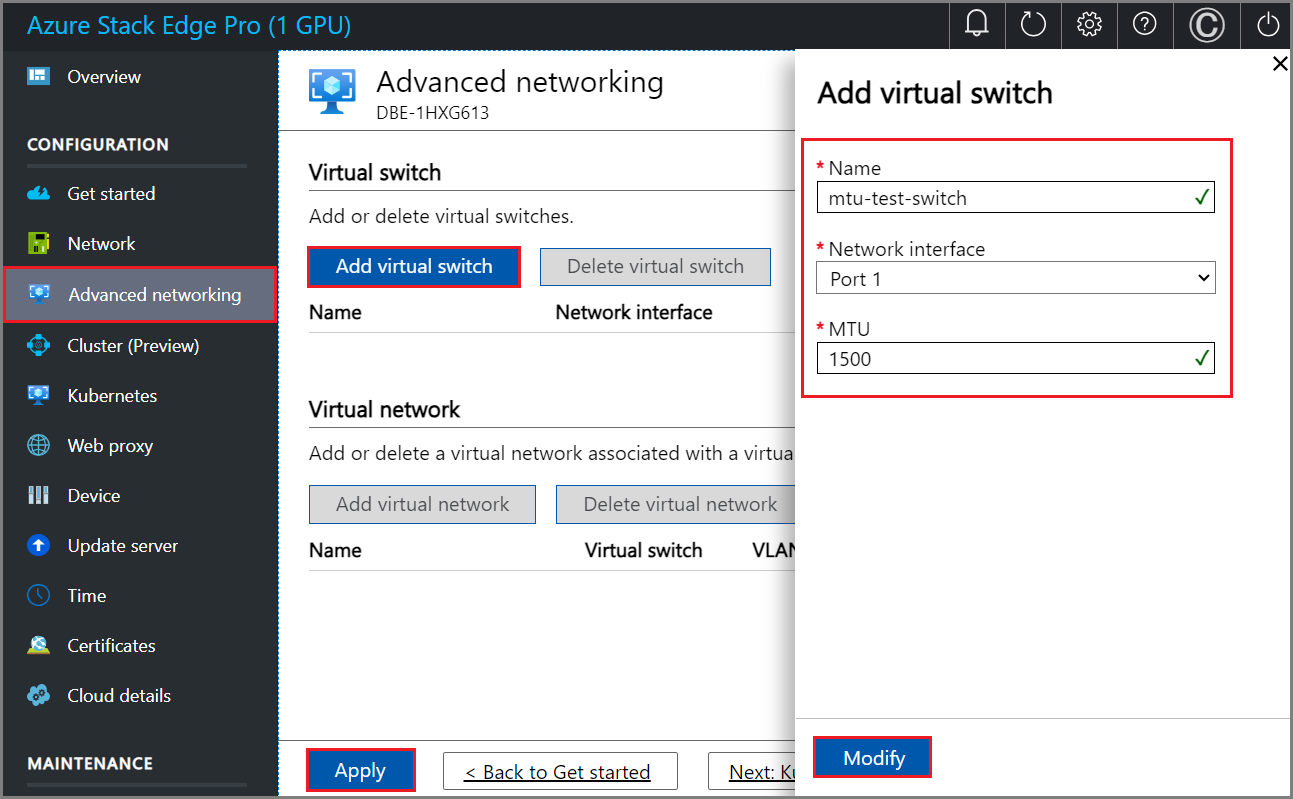 Captura de tela das configurações de Adicionar um comutador virtual na página de Rede avançada na IU local