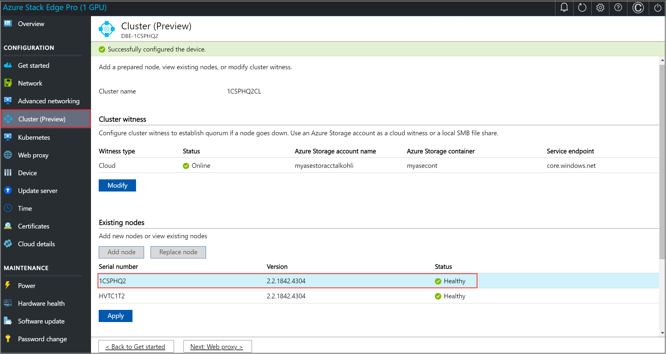 Screenshot of local web U I Cluster page with the Modify option selected for Cluster witness on first node -1.