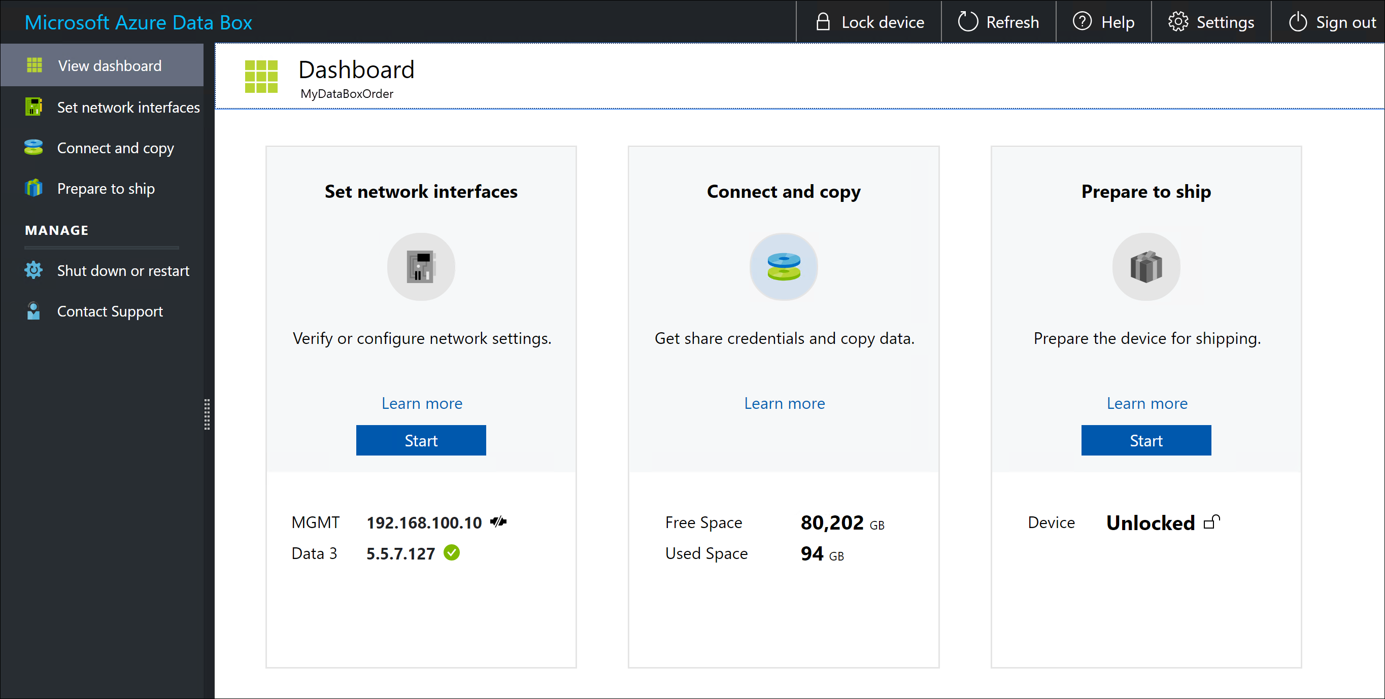 A interface do usuário Web local do Data Box