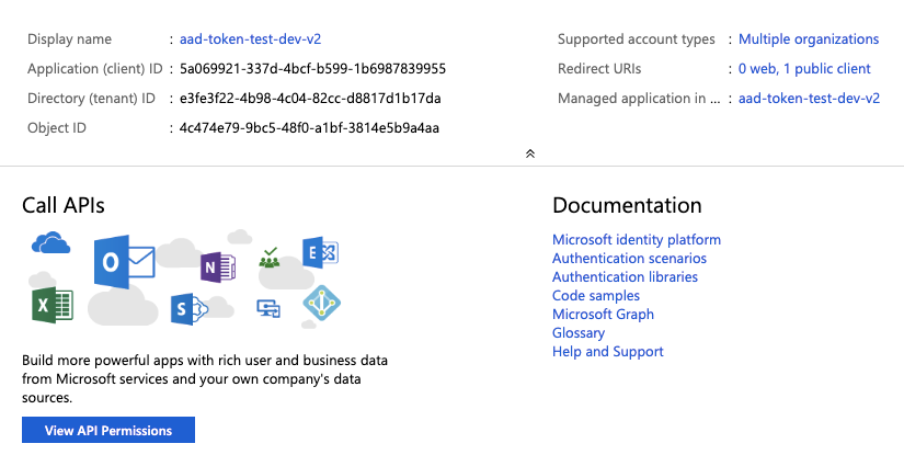 Configurações do aplicativo registrado do Azure