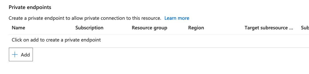 A lista de pontos de extremidade privados do portal do Azure mostrada vazia.