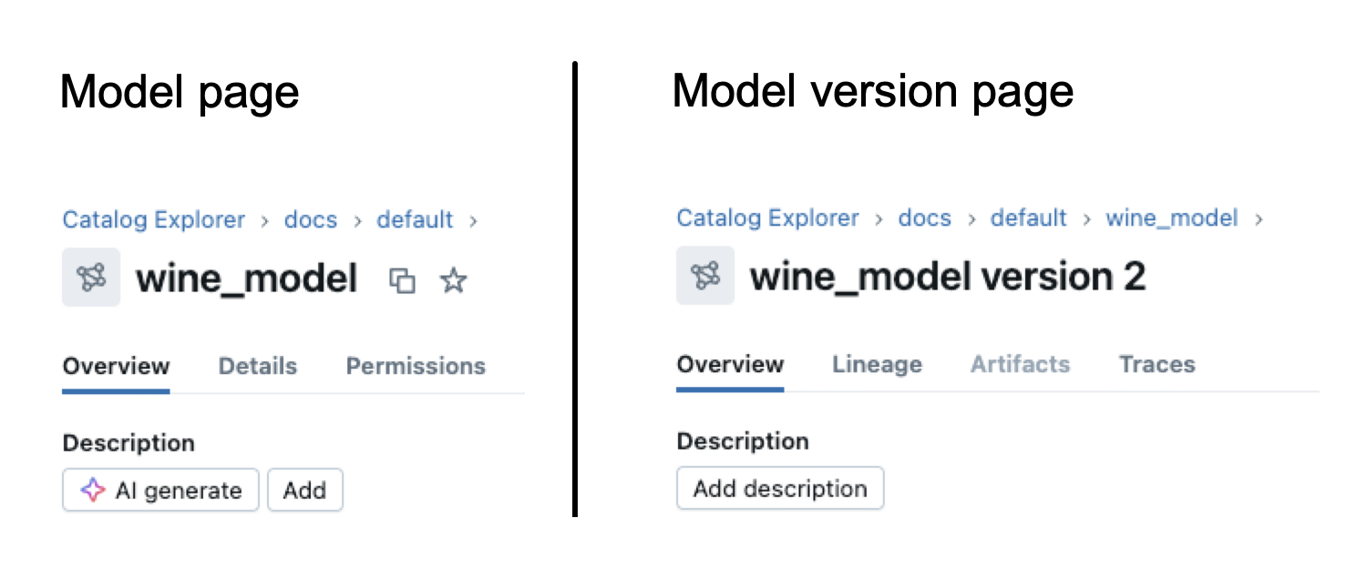 Adicione a descrição do modelo ou da versão do modelo no Unity Catalog.