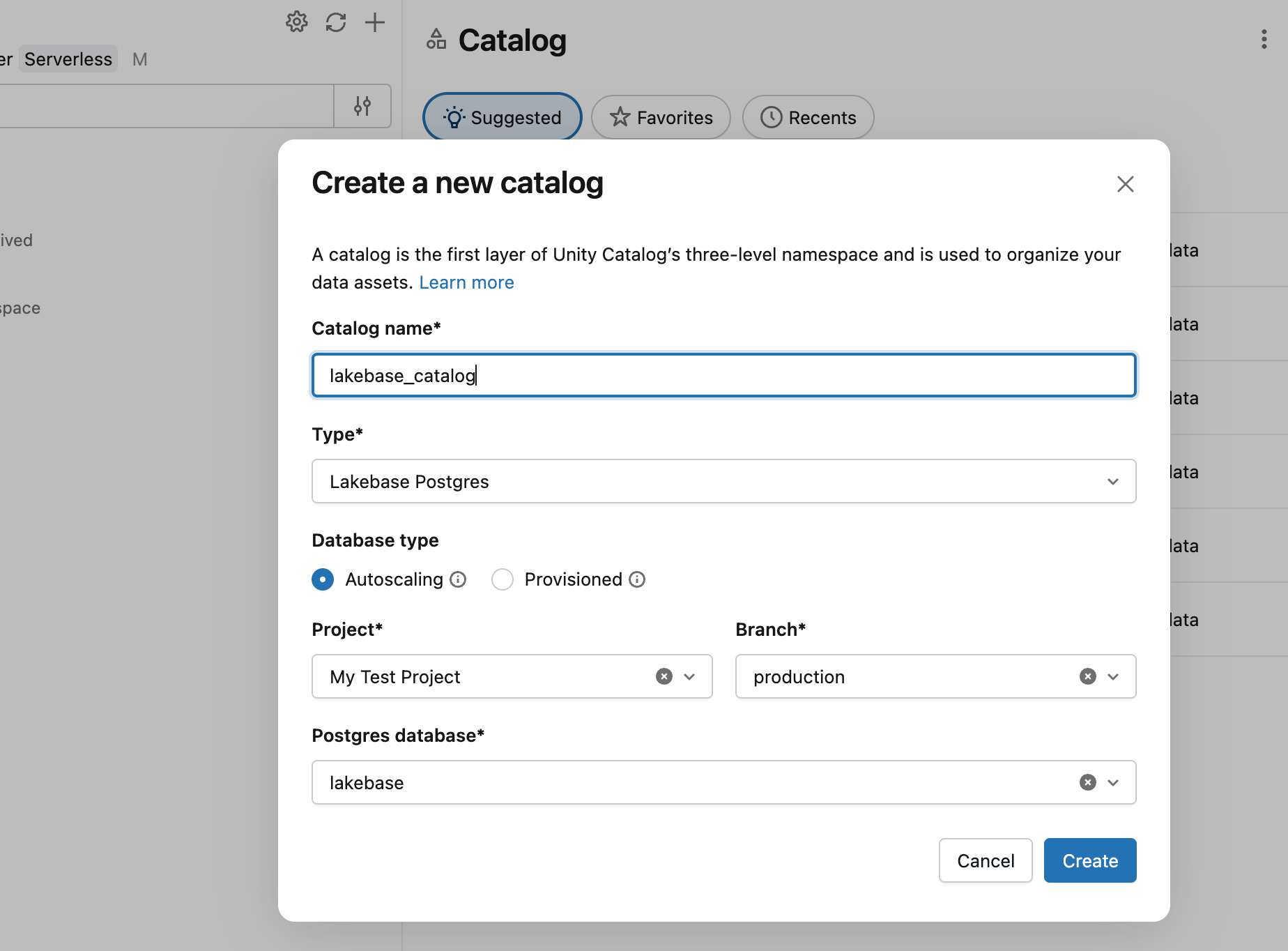 Registrar banco de dados LKB no Catálogo do Unity