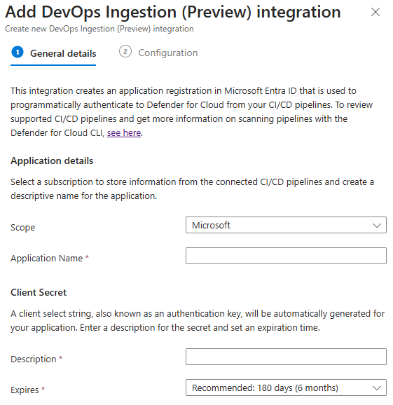 Captura de tela do formulário para Adicionar Ingestão de DevOps com o nome do aplicativo, o locatário, a expiração e as definições de token.