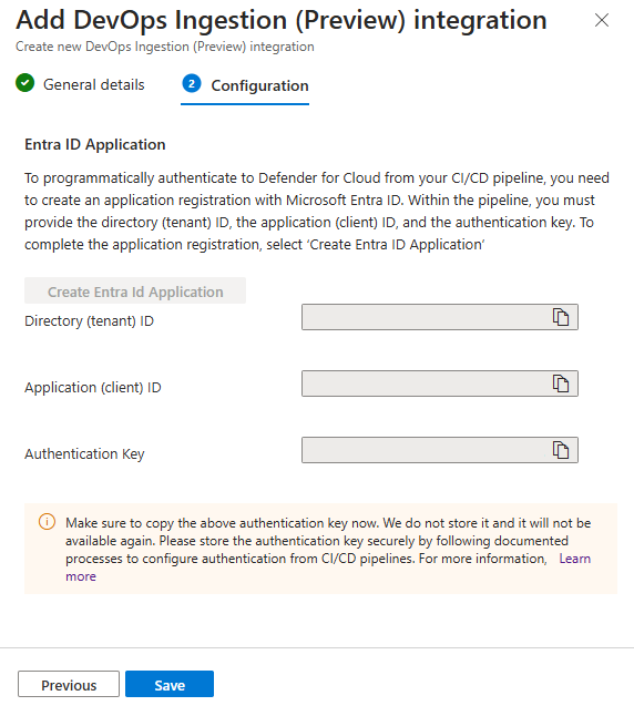 Captura de tela do painel de confirmação de êxito exibindo id do cliente, segredo do cliente e ID do locatário.