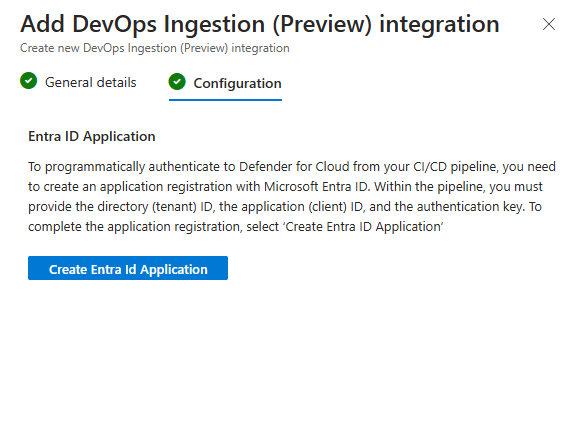 Captura de tela da configuração de ingestão de DevOps concluída mostrando valores de cliente e segredo gerados.