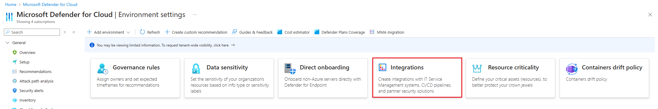 Captura de tela da página Integrações de configurações de ambiente mostrando as opções de integração disponíveis.