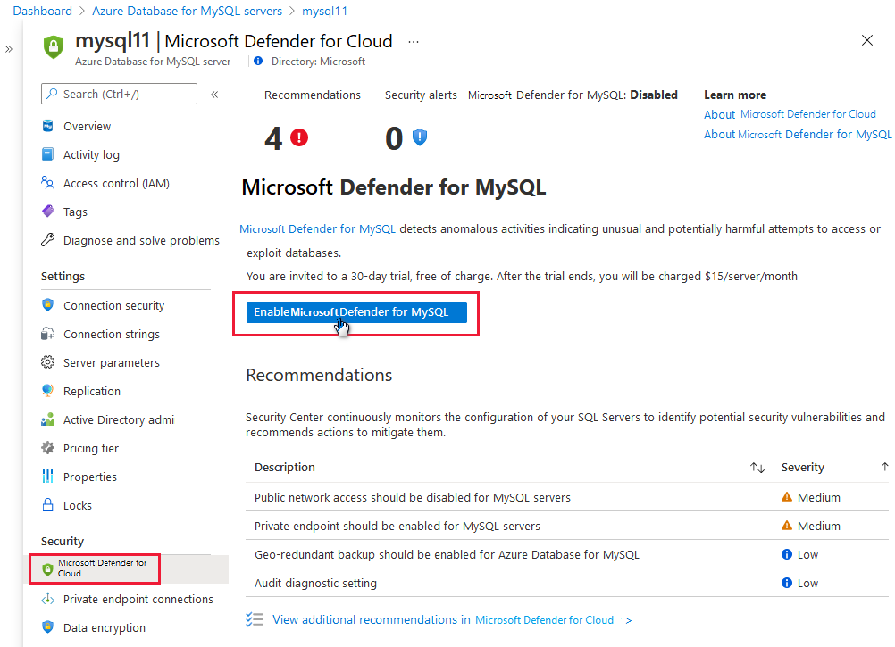 Habilitar Microsoft Defender para MySQL.